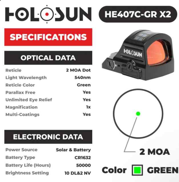 Holosun HE407C-GR-X2 Elite Green Dot Sight - 2 MOA